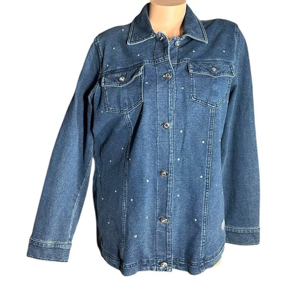 Quacker Factory Dream Jeannes Dark Wash Rhinestone Knit Denim Jean Jacket Size M - Picture 1 of 12